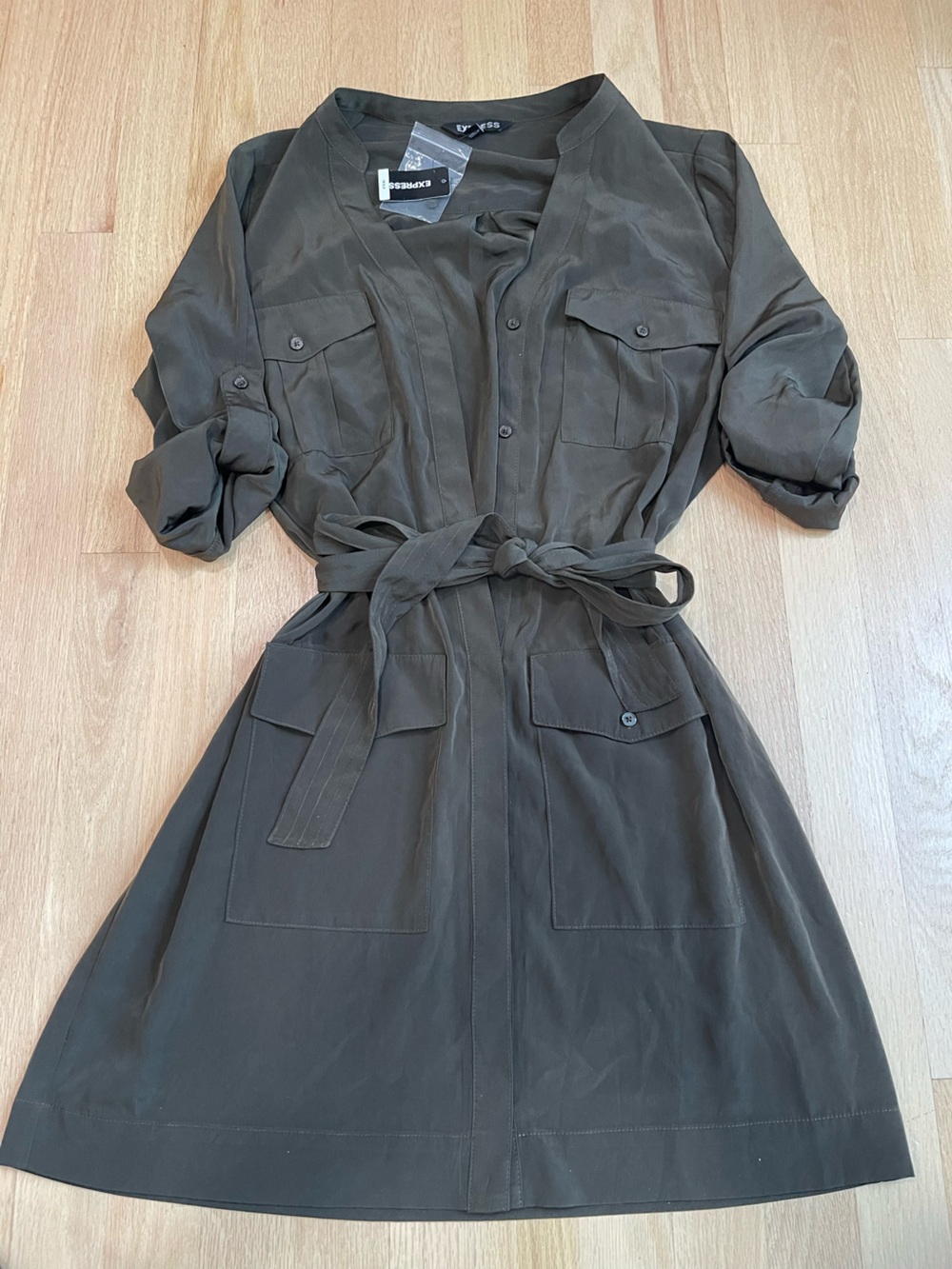 Express Olive Utility Shirt Dress with Tie Belt